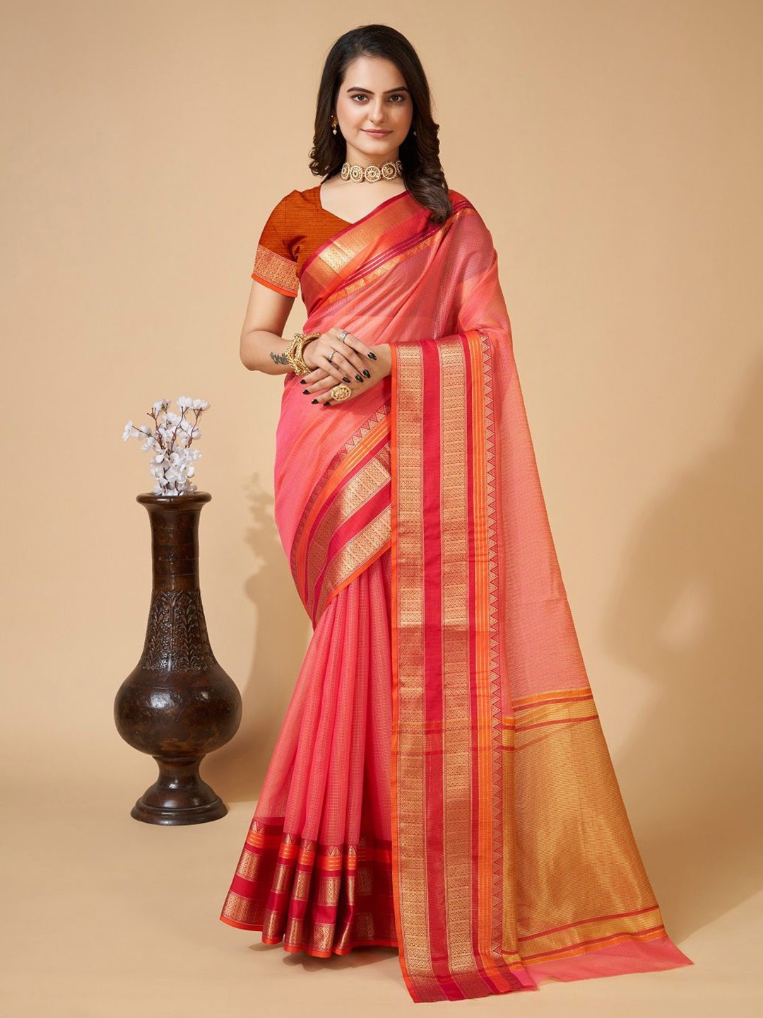 

LEOSAGI Woven Design Zari Silk Cotton Kota Saree, Peach