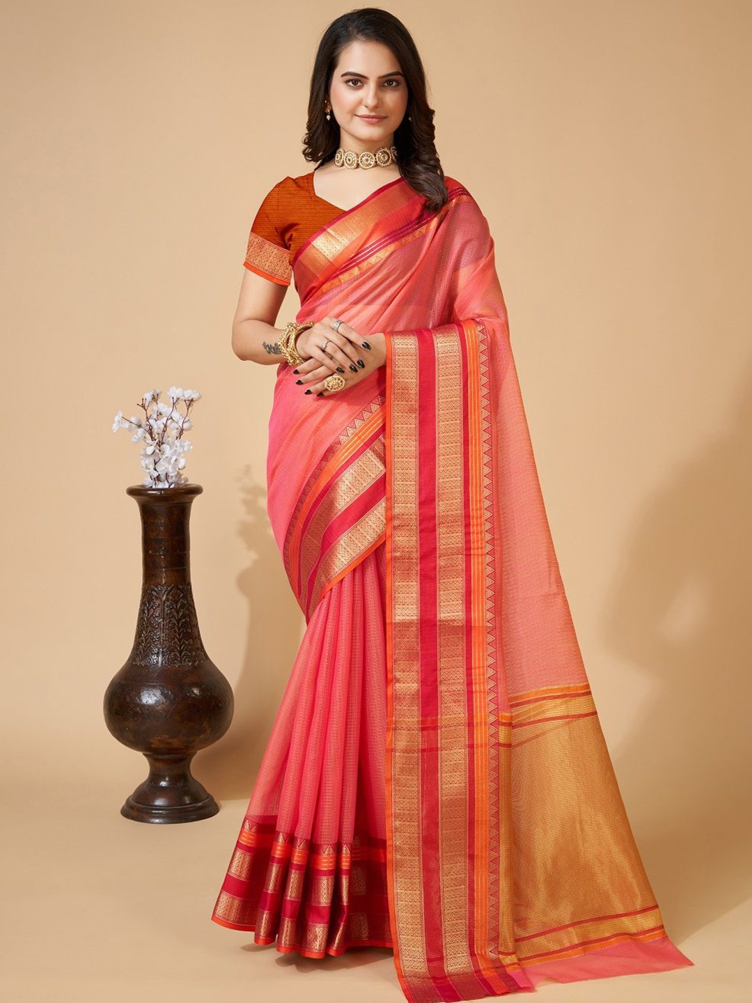 

SHOBHA SAREES Woven Design Zari Kota Saree, Peach