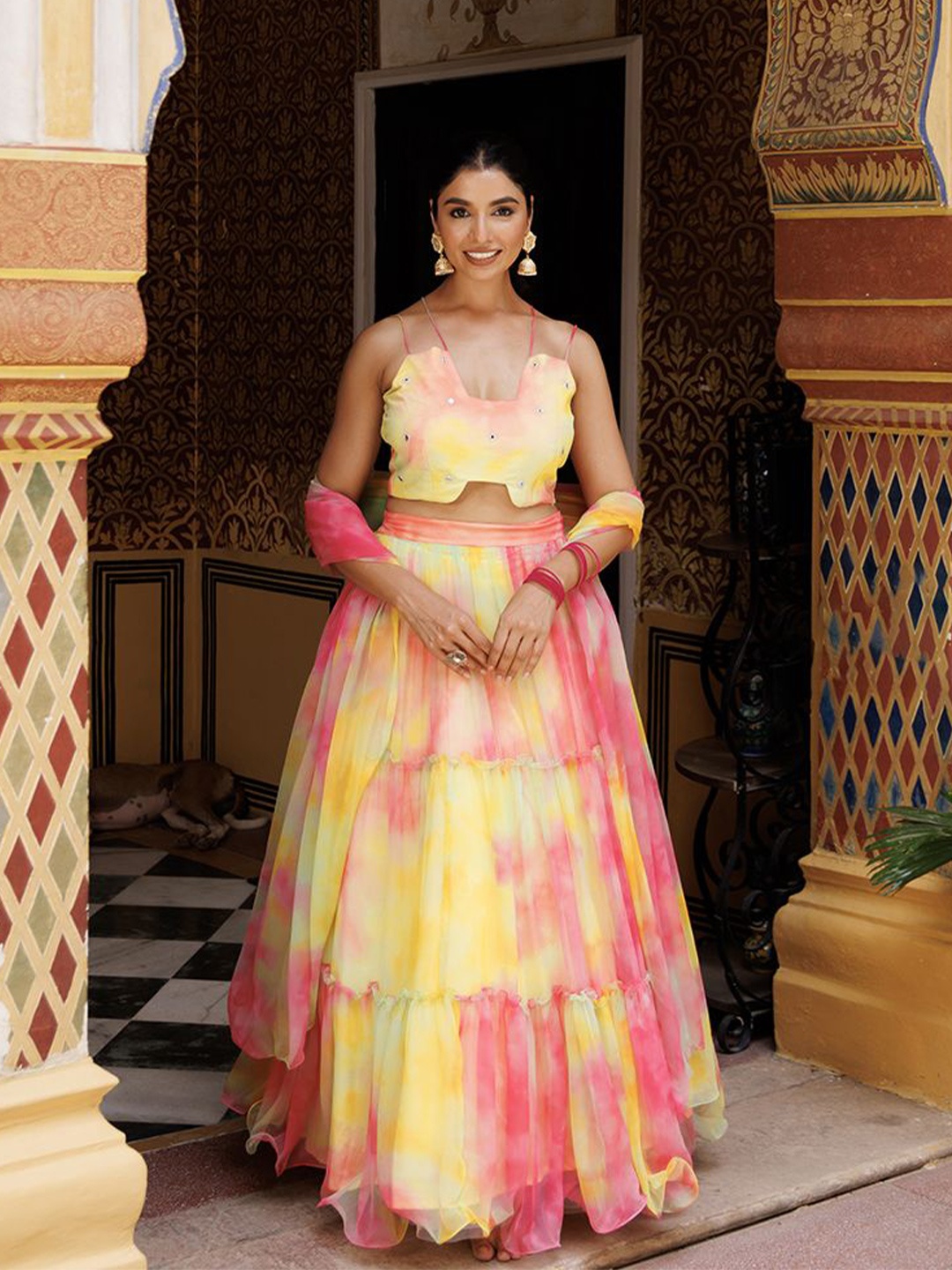 

Ragavi Embellished Mirror Work Ready to Wear Lehenga & Blouse With Dupatta, Pink