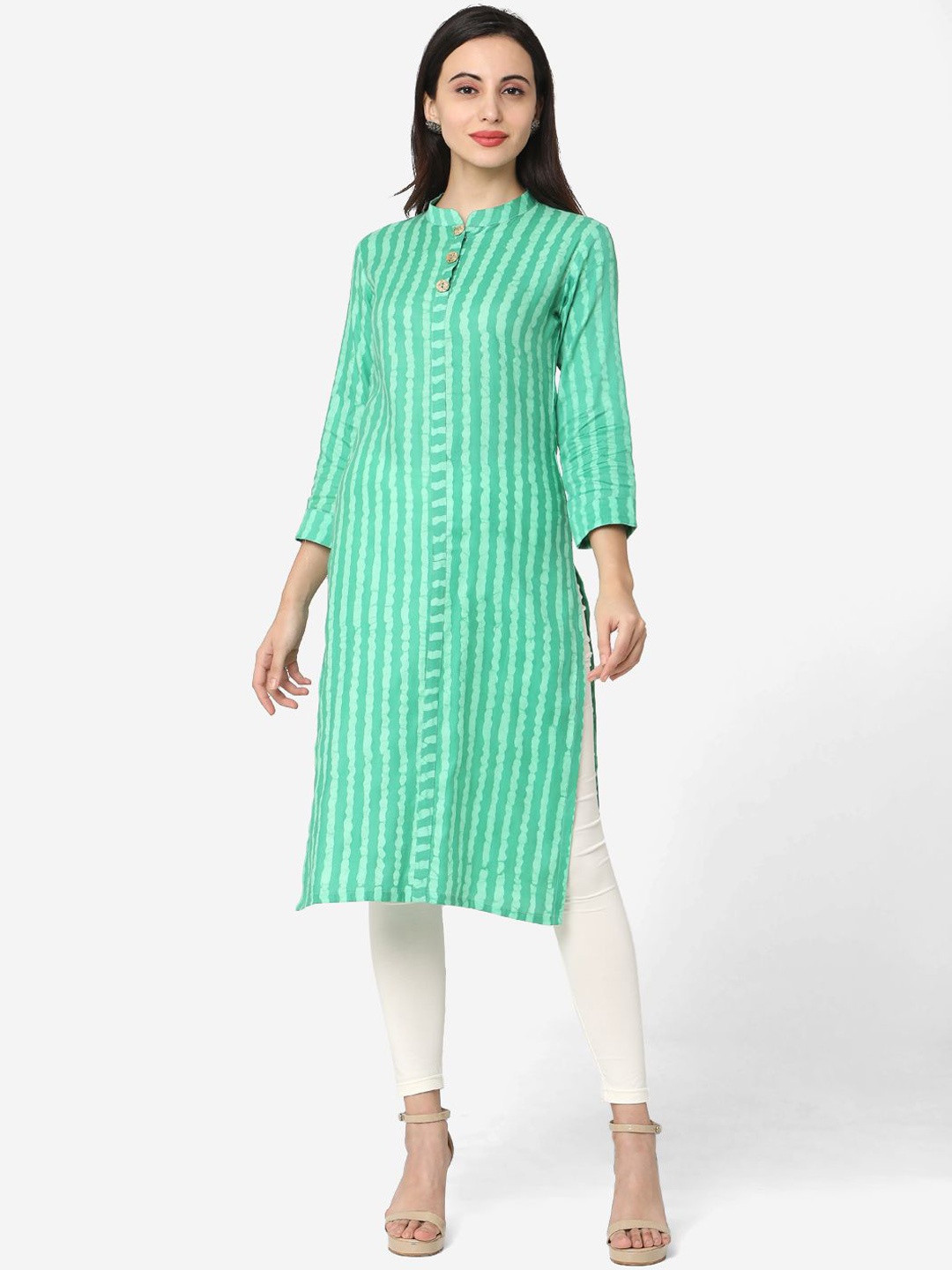 

Shaily Striped Printed Mandarin Collar Straight Kurta, Green