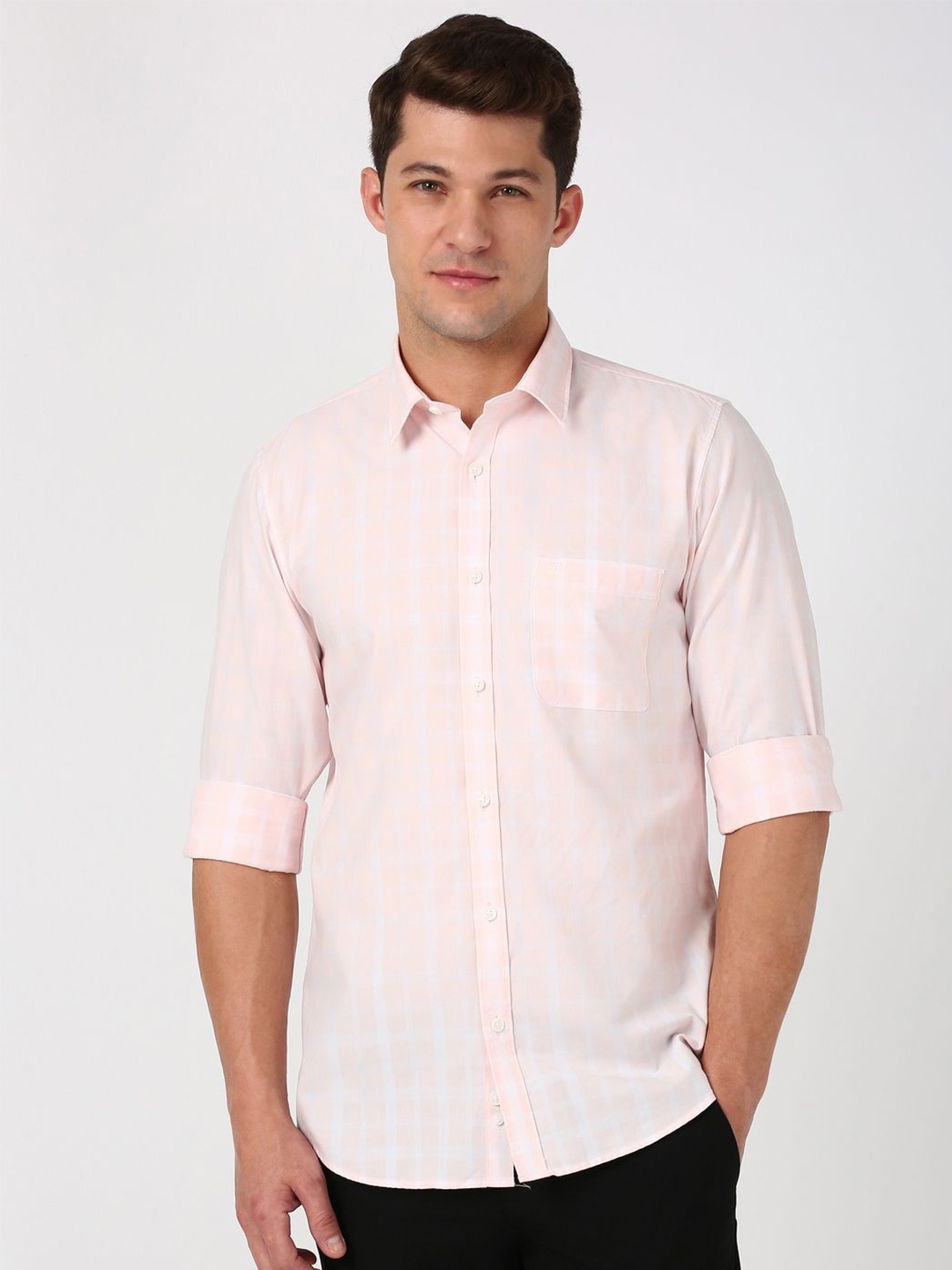 

Peter England Casuals Men Spread Collar Vertical Striped Polycotton Slim Fit Casual Shirt, Peach
