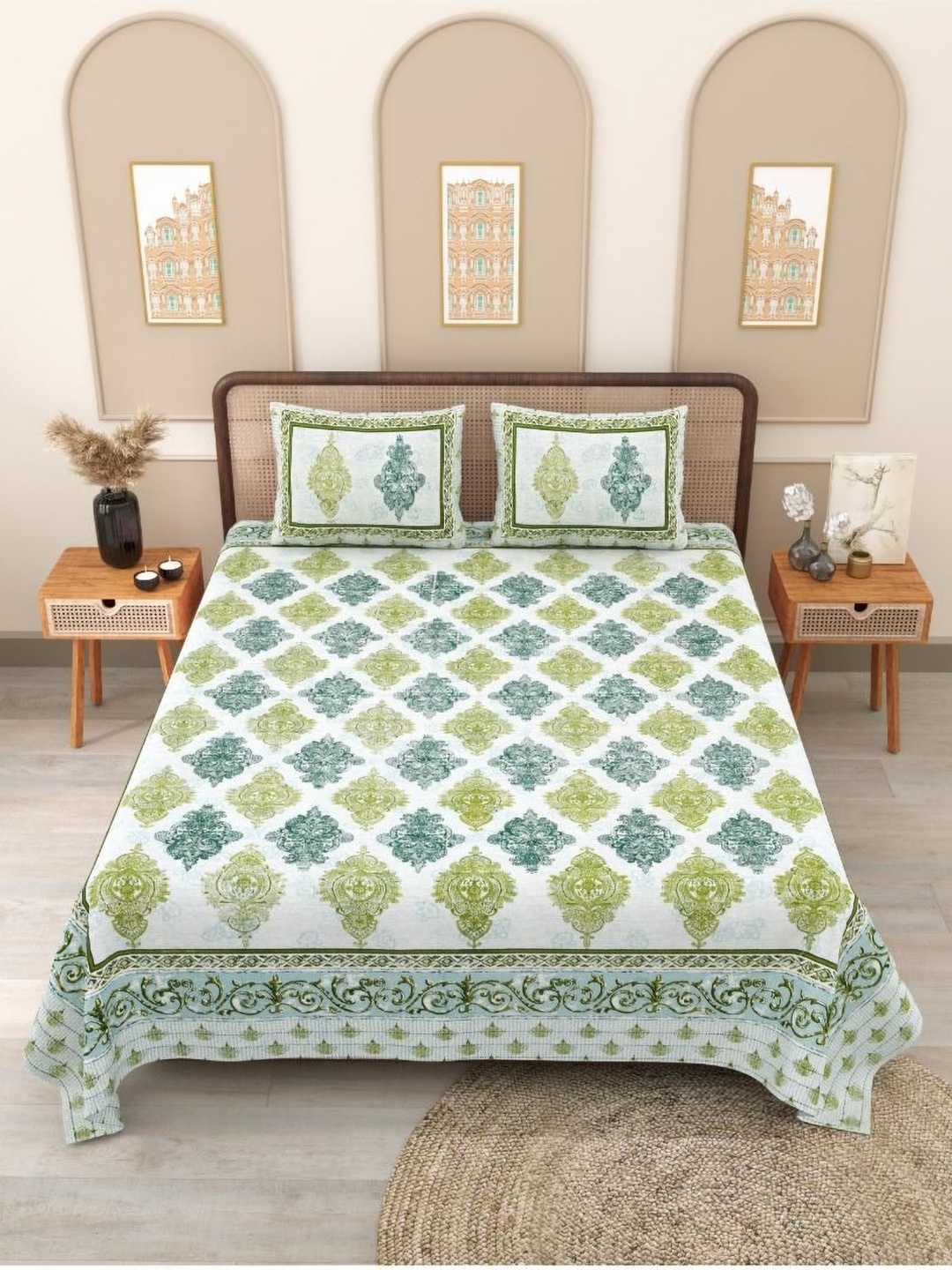 

Block Print Story Green & White Ethnic Motifs 210 TC Queen Bedsheet with 2 Pillow Covers