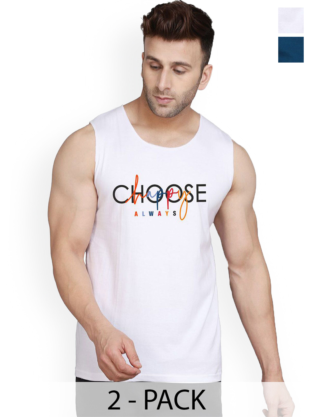 

SLOWLORIS Pack Of 2 Men Printed Gym Vests, Navy blue