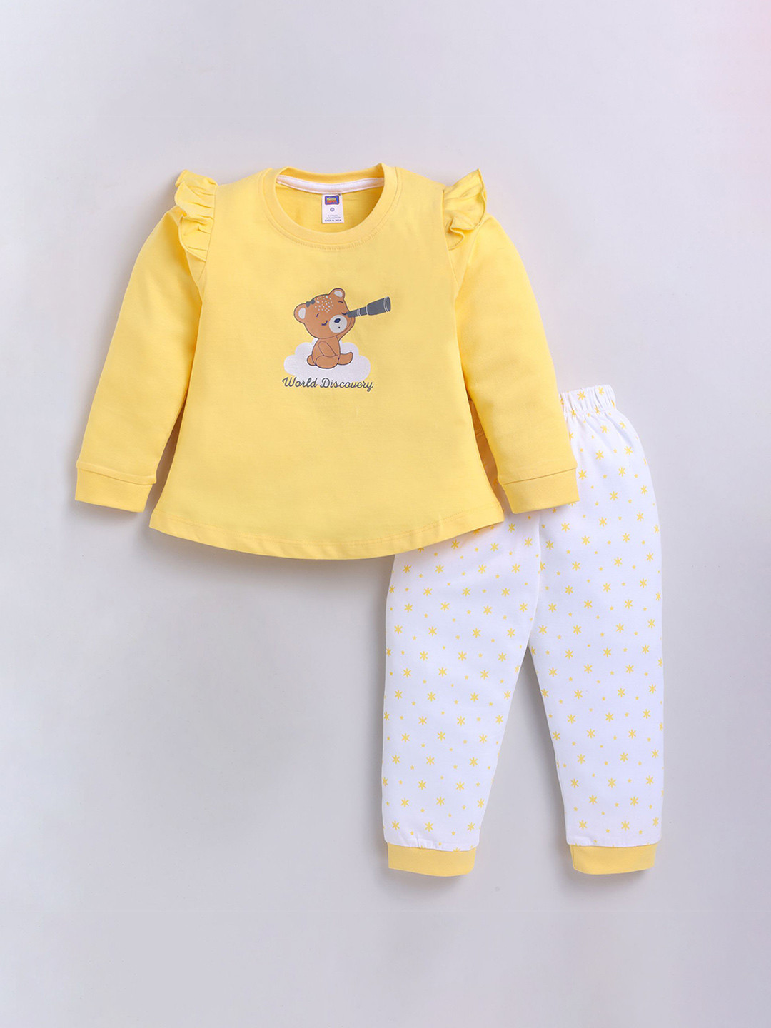 

Nottie Planet Girls Printed Round Neck Frilled Pure Cotton T-shirt With Jogger, Yellow