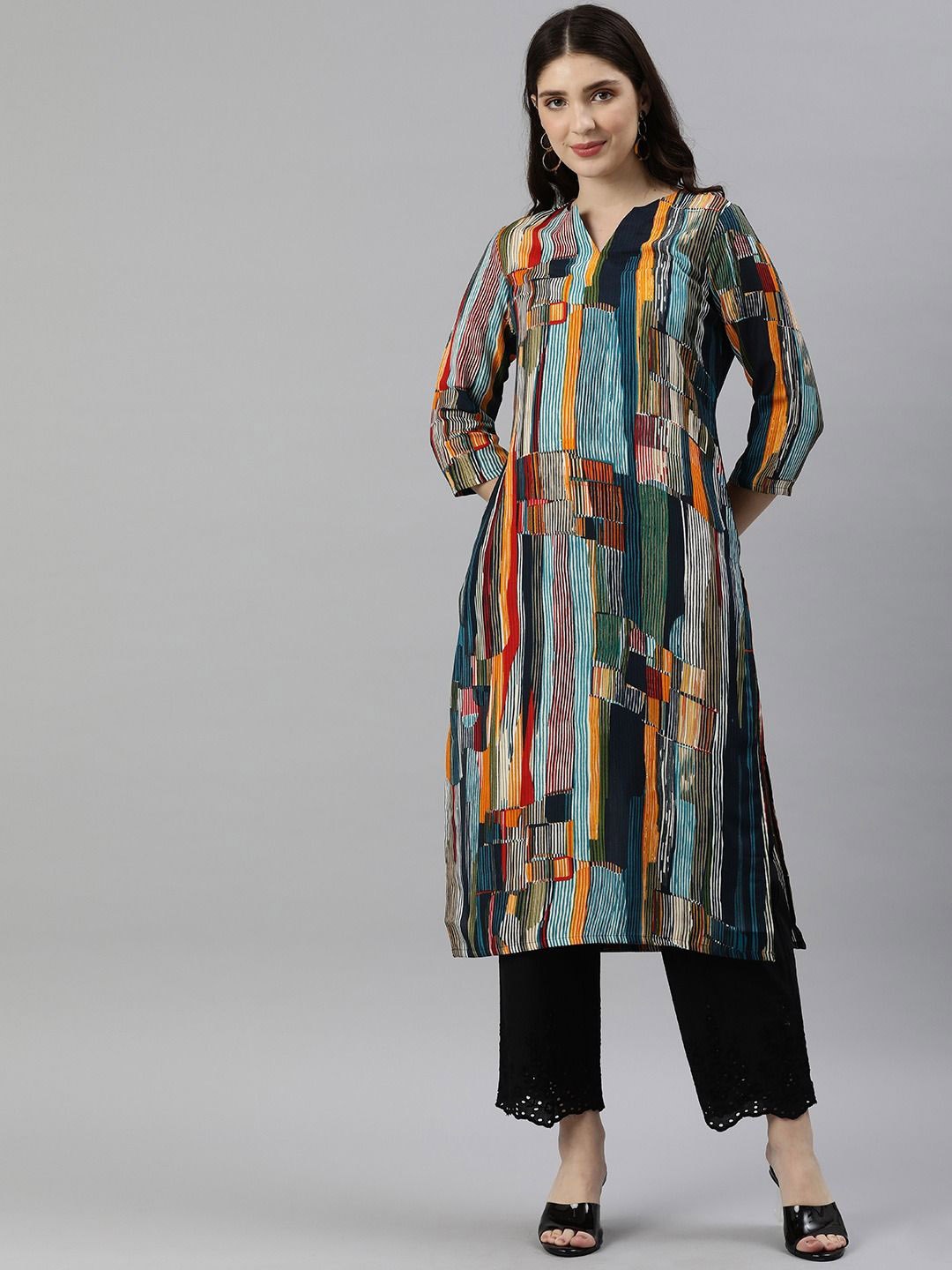 

Shaily Printed Mandarin Collar Straight Kurta, Teal