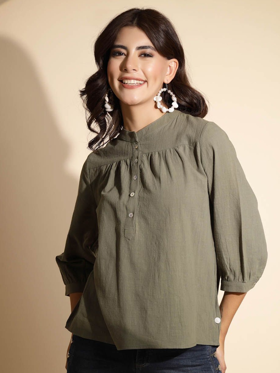 

Global Republic Women Solid Mandarin Collar Cotton Top, Green