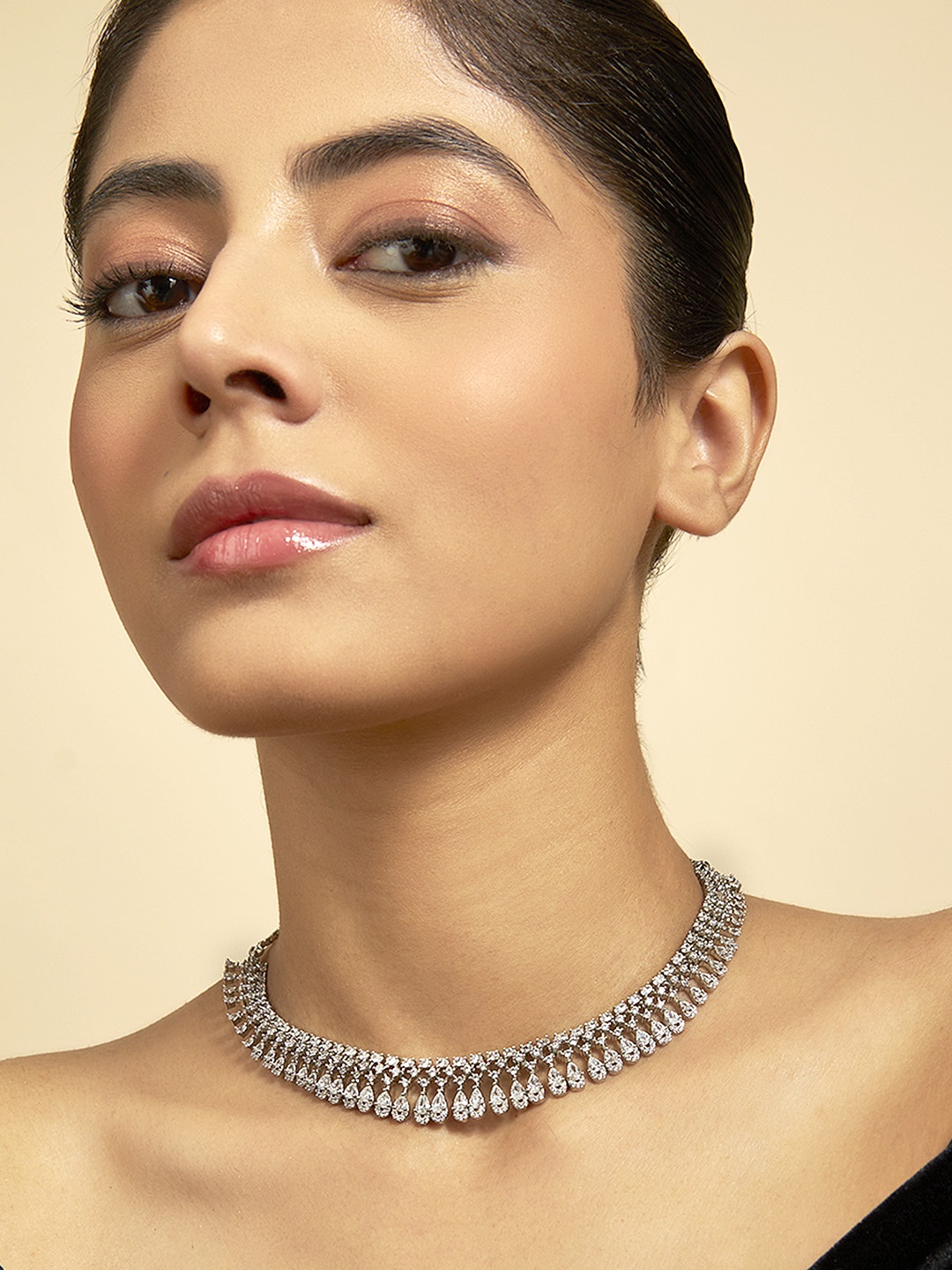 

Kushal's Fashion Jewellery Copper Rhodium-Plated Cubic Zirconia Studded Necklace, Silver