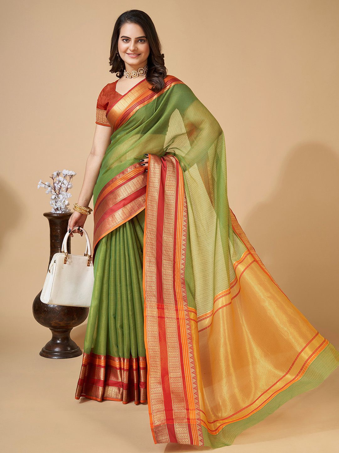 

KALINI Woven Design Zari Kota Saree, Green