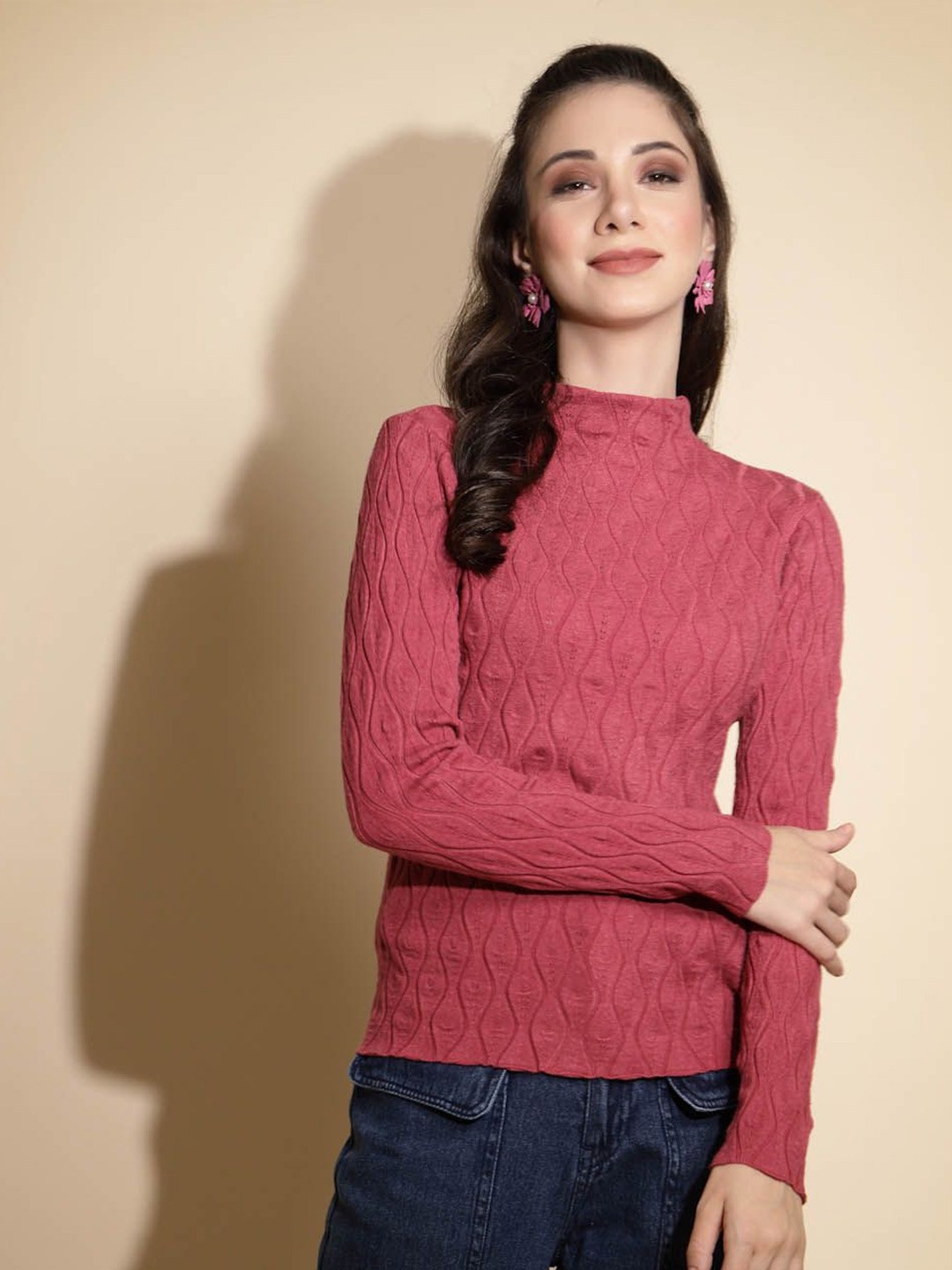 

Global Republic Women Solid Knits High Neck Top, Pink