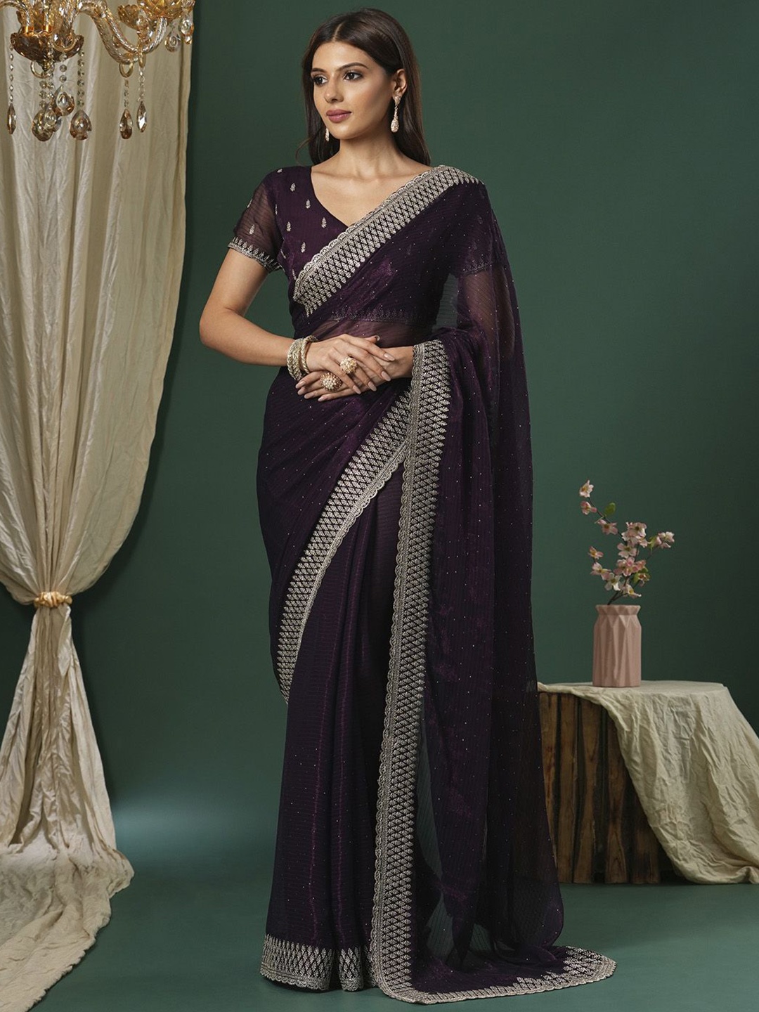 

Saree mall Embellished Beads and Stones Saree, Magenta