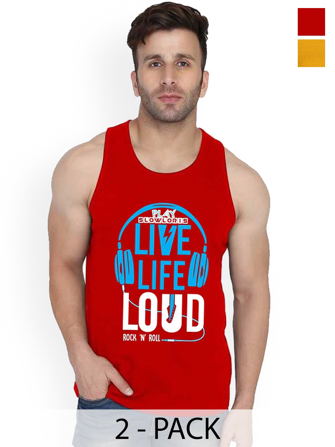 

SLOWLORIS Pack Of 2 Printed Cotton Gym Vests, Red