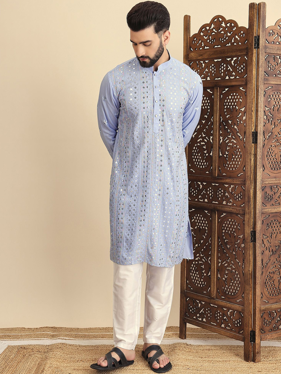 

House of Pataudi Embroidered Straight Kurtas, Turquoise blue