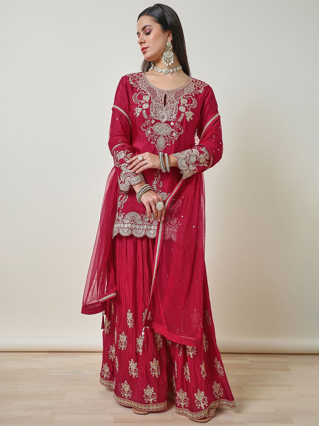 

Soch Women Ethnic Motifs Embroidered Regular Kurti with Sharara & With Dupatta, Pink