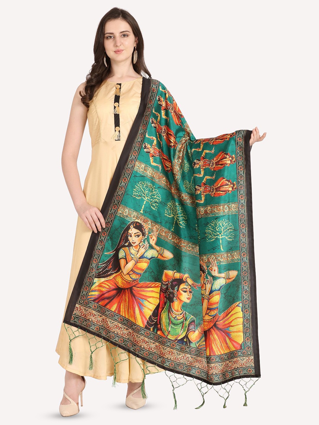 

Kaizen TEXO FAB Ethnic Motifs Printed Assam Silk Dupatta, Green