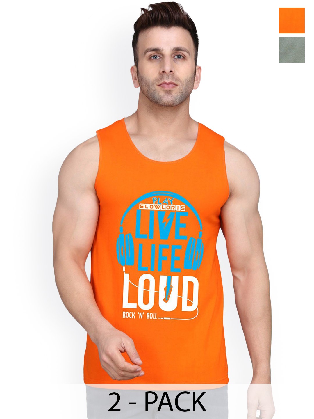

SLOWLORIS Pack Of 2 Printed Innerwear Vests, Orange