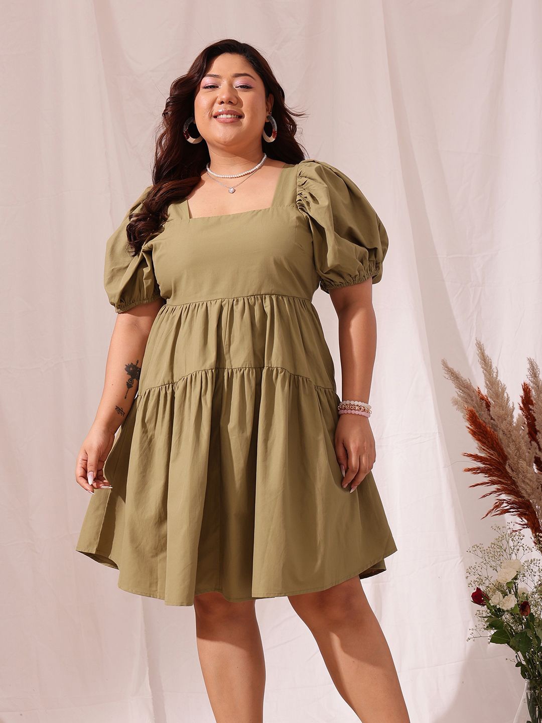 

CURVY STREET Plus Size Square Neck Puff Sleeve Cotton A-Line Dress, Khaki