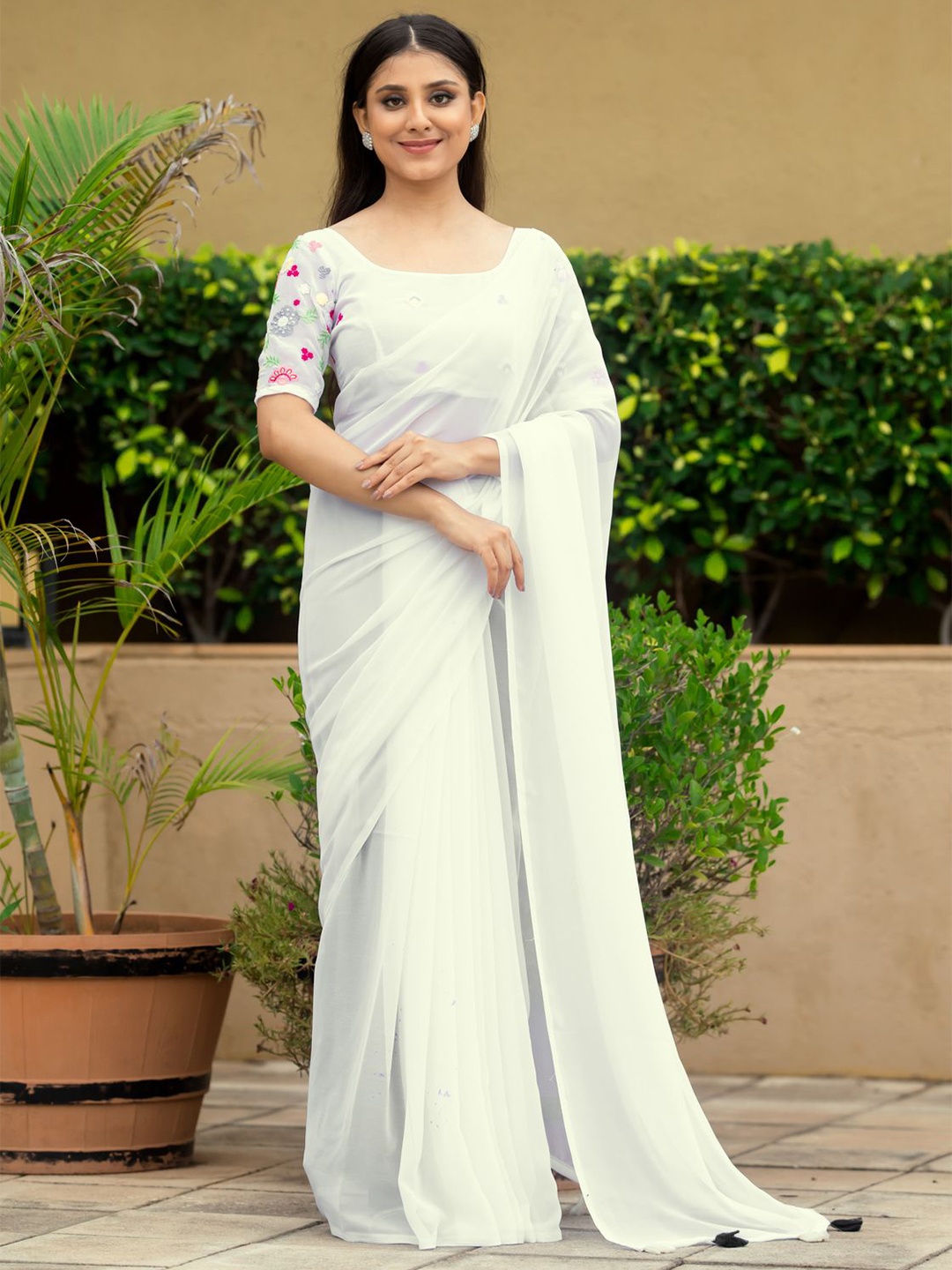 

COSBILA FASHION Embroidered Poly Georgette Saree, White