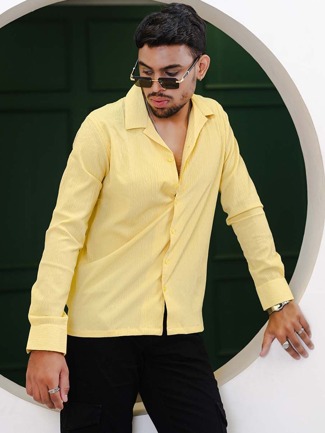 

Tistabene Men Original Cuban Collar Self Design Casual Shirt, Yellow