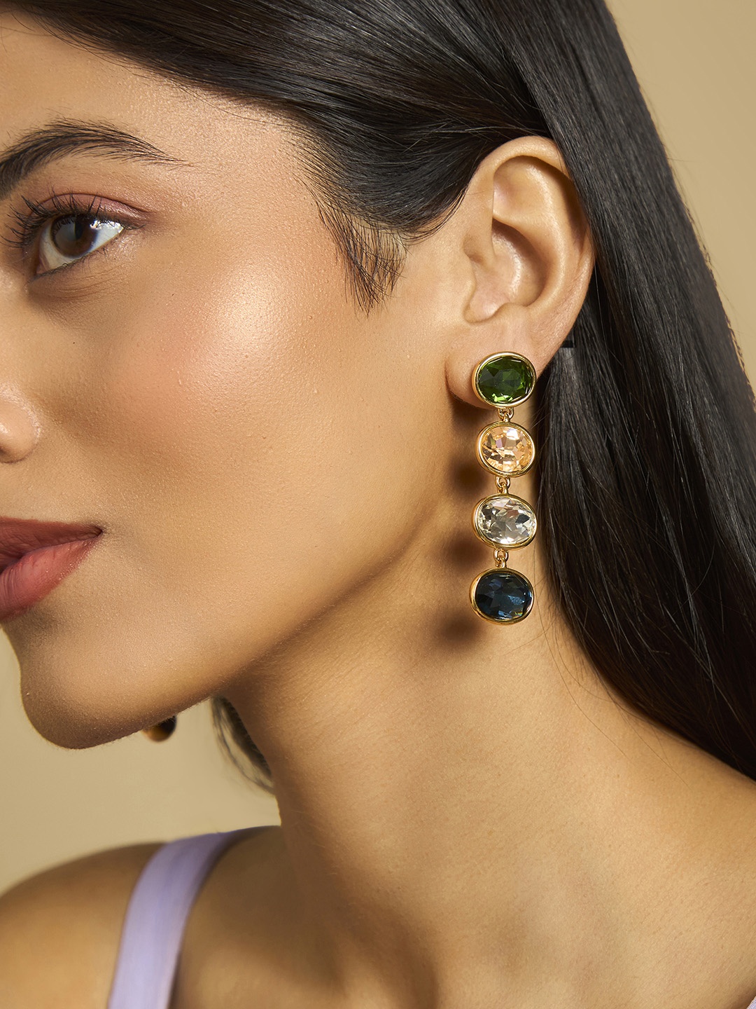 

Kushal's Fashion Jewellery Gold-Plated Cubic Zirconia-Studded Oval Drop Earrings