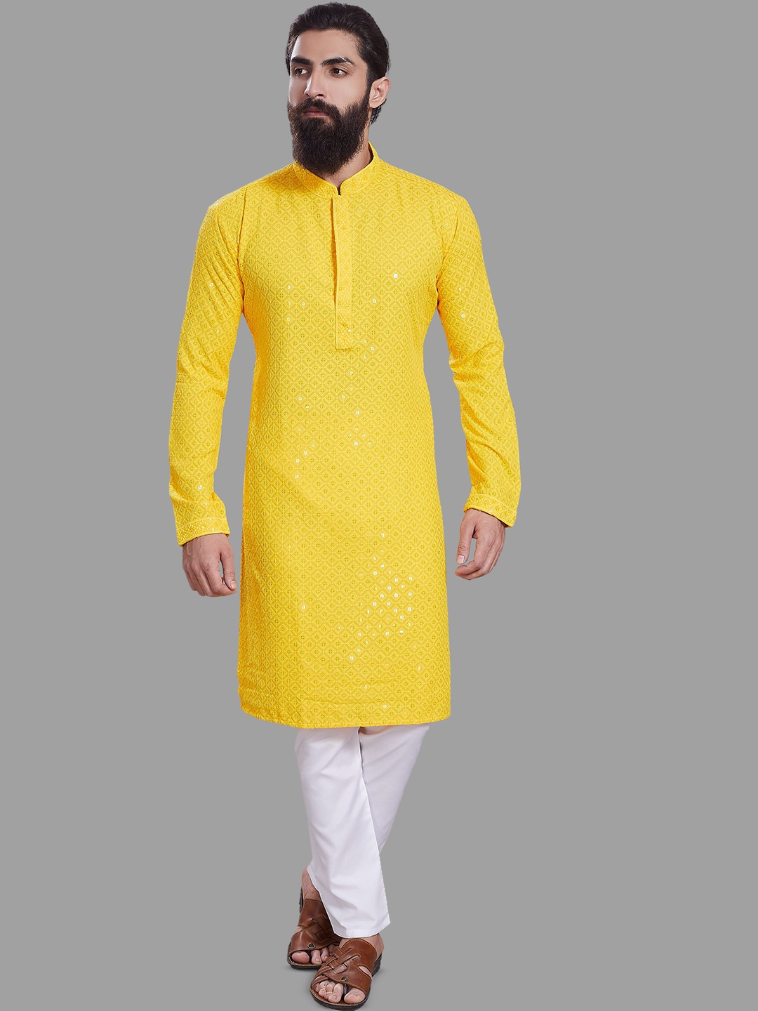 

DIVISIVE Geometric Embroidered Mandarin Collar Sequinned Straight Kurta, Yellow