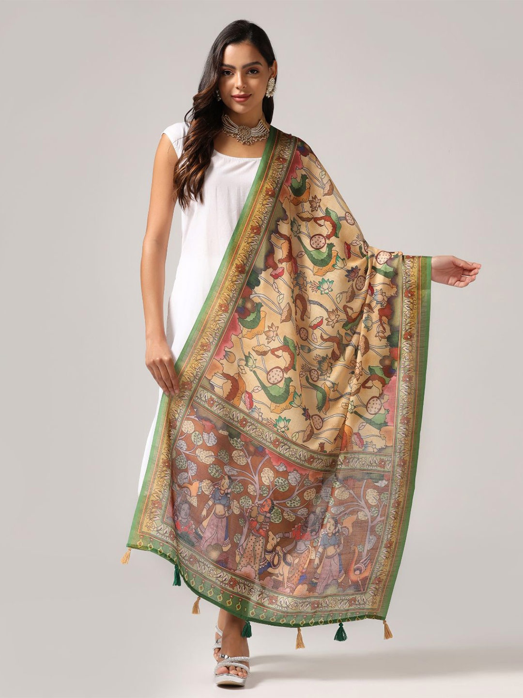

Kaizen TEXO FAB Ethnic Motifs Printed Tasselled Dupatta, Yellow