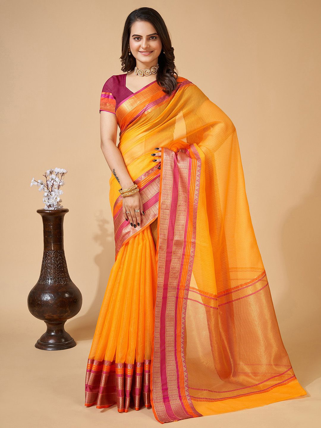 

KALINI Woven Design Zari Kota Saree, Yellow