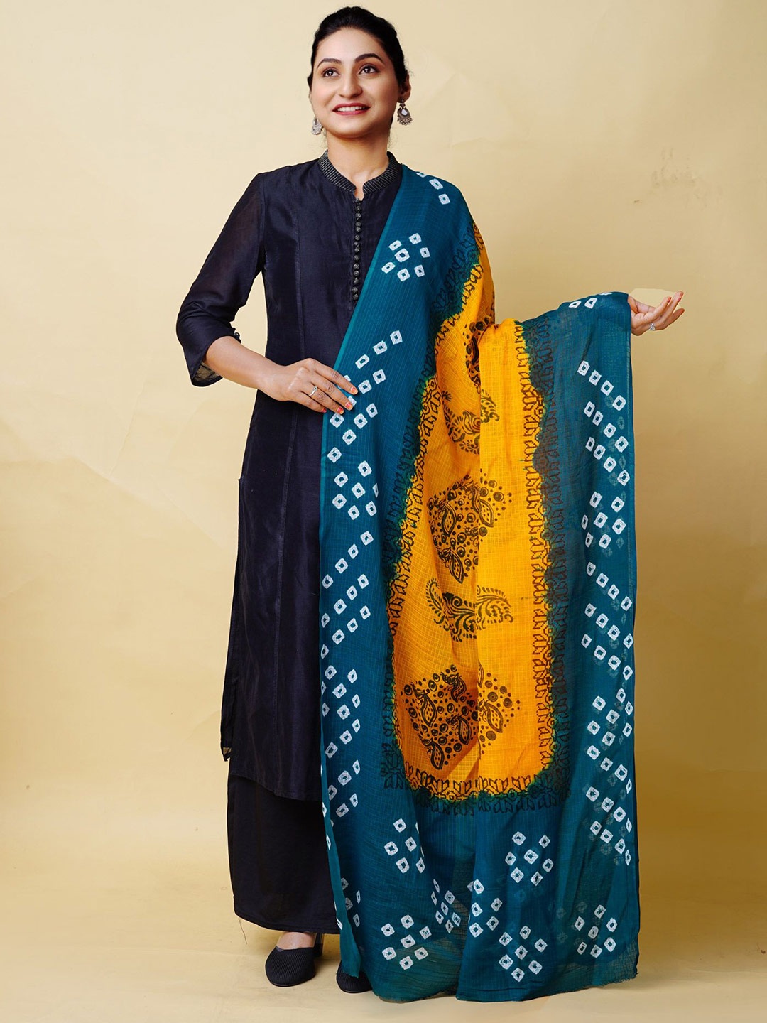 

Unnati Silks Ethnic Motifs Printed Cotton Silk Dupatta, Yellow