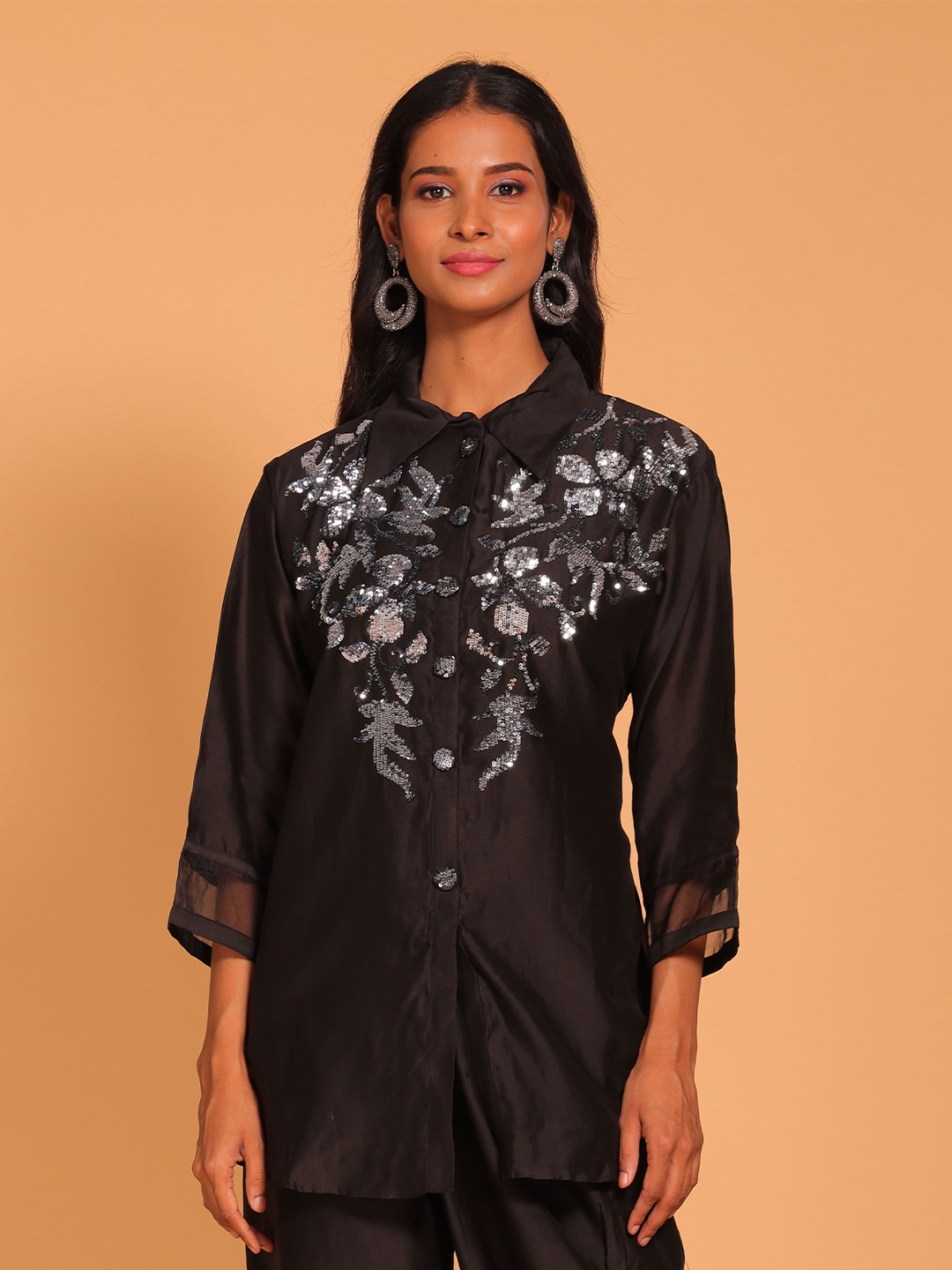 

Morchari Botanical Embroidered Shirt Collar Sequinned Pure Silk Sequinned Kurti, Black
