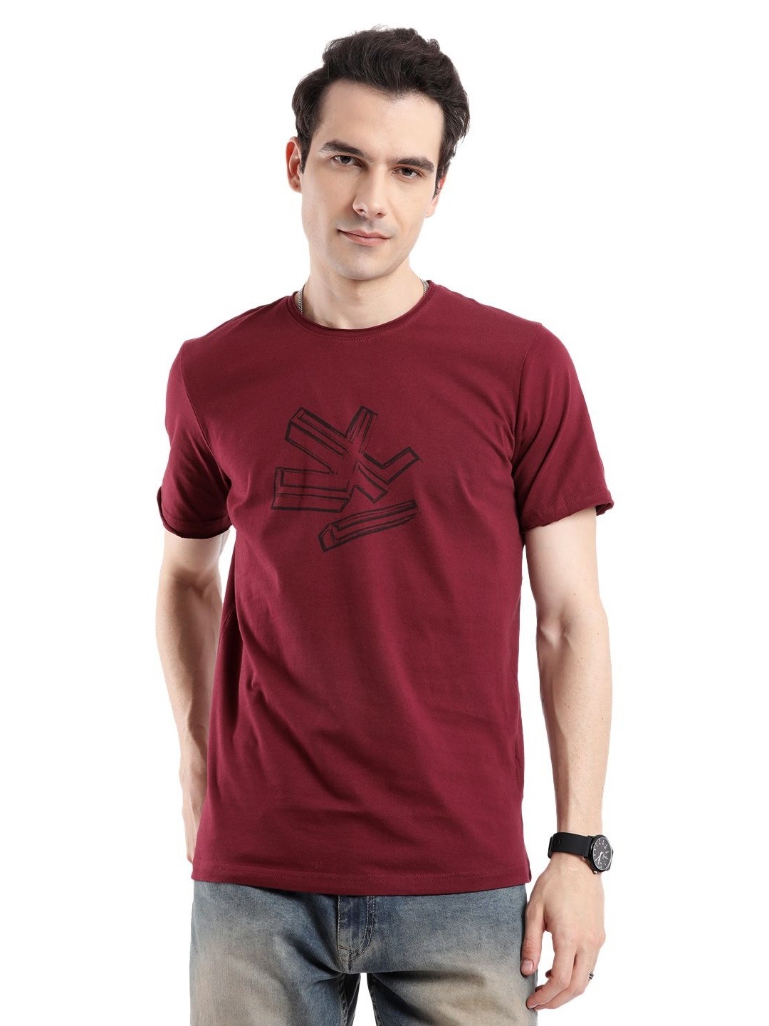 

WROGN Men Printed Pure Cotton T-shirt, Maroon