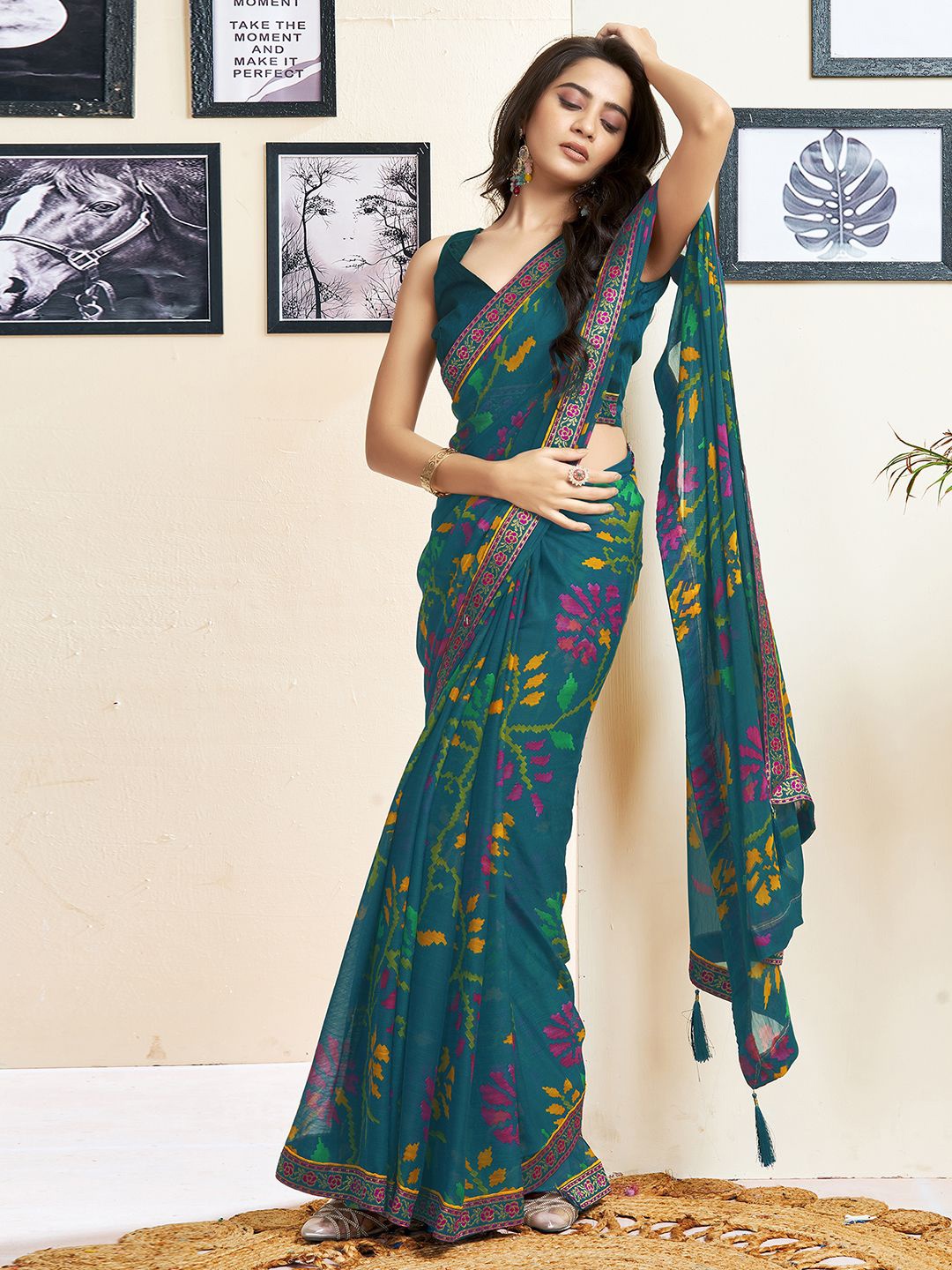 

KALINI Printed Ethnic Motifs Zari Pure Chiffon Saree, Blue