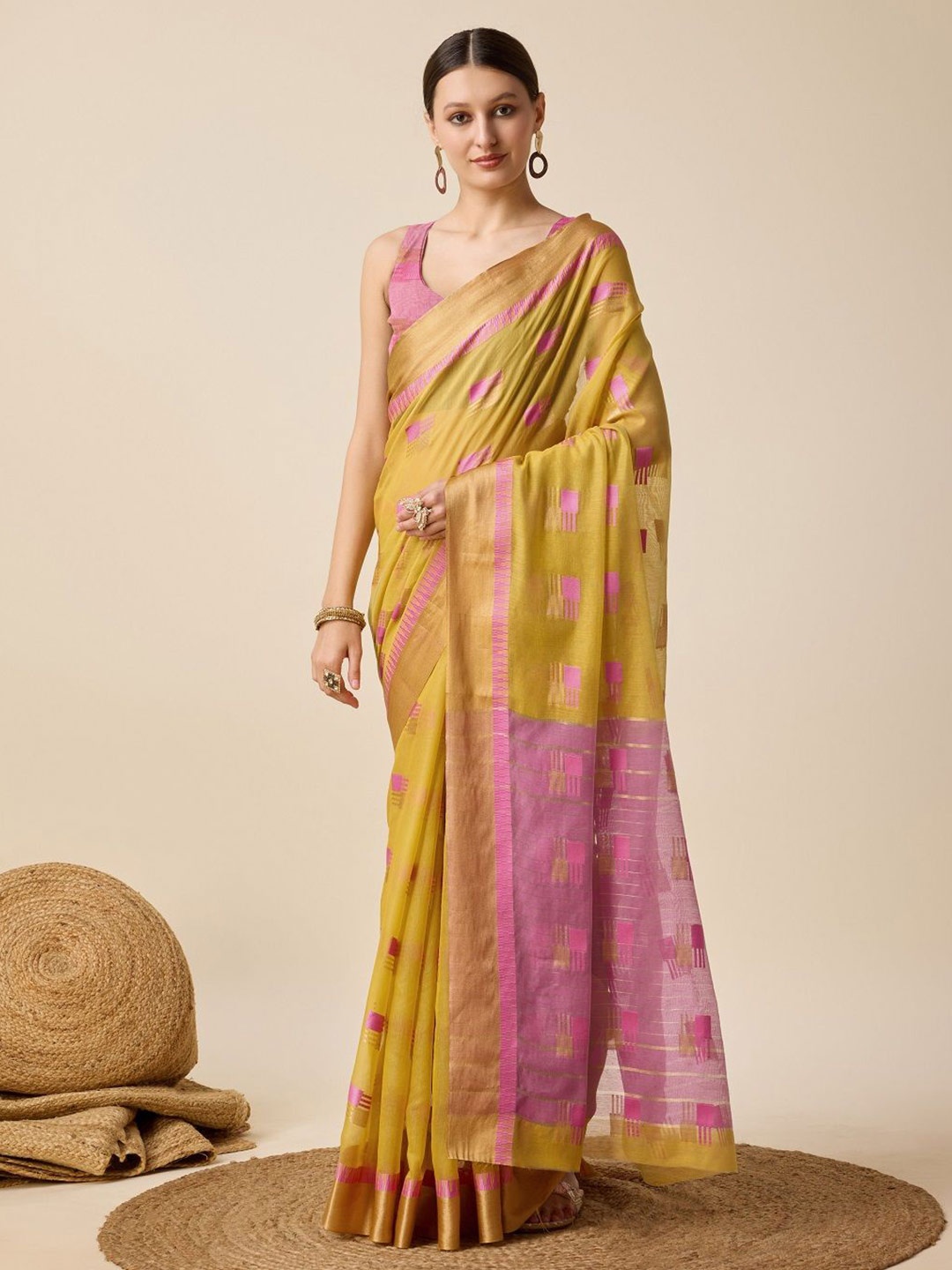 

LEOSAGI Woven Design Zari Kota Saree, Mustard