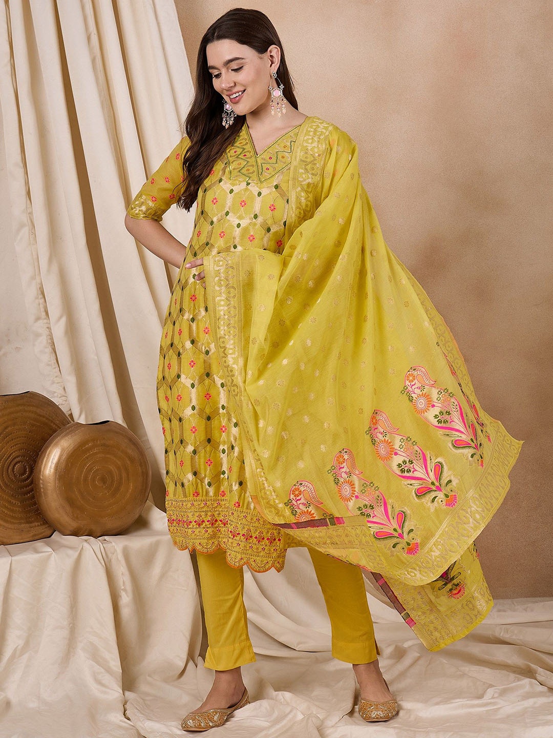 

RAJGRANTH Chanderi Cotton Straight Kurta with Trousers & With Dupatta, Yellow