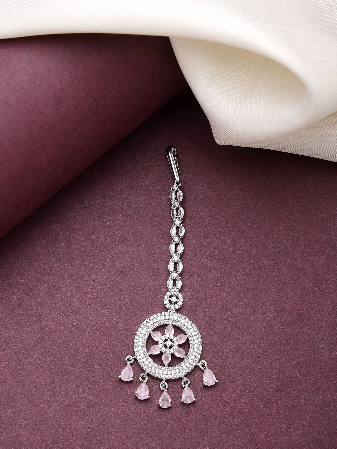 

ZENEME Rhodium-Plated American Diamond Studded Maang Tikka Head Jewellery, Silver