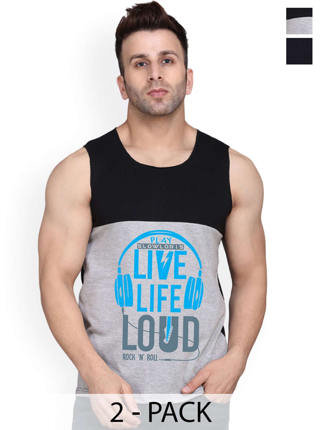 

SLOWLORIS Pack Of 2 Printed Innerwear Vests, Black