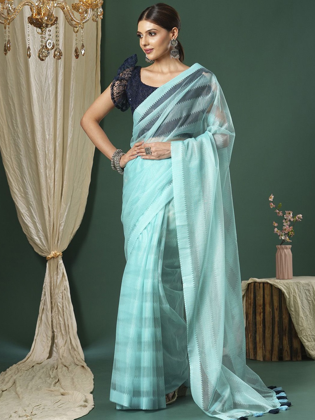 

Saree mall Woven Design Net Sarees, Blue