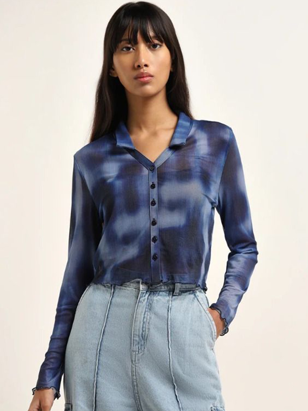 

Fashionhub Women Classic Spread Collar Abstract Printed Cotton Casual Shirt, Blue