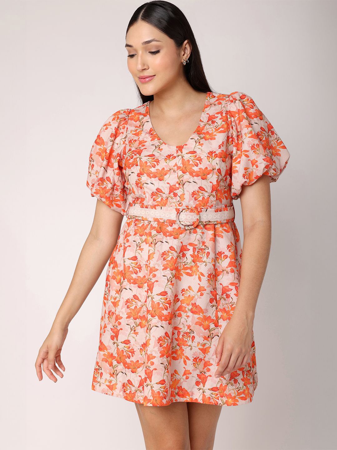 

BLANC9 Floral Print Flared Sleeve Fit & Flare Dress, Orange