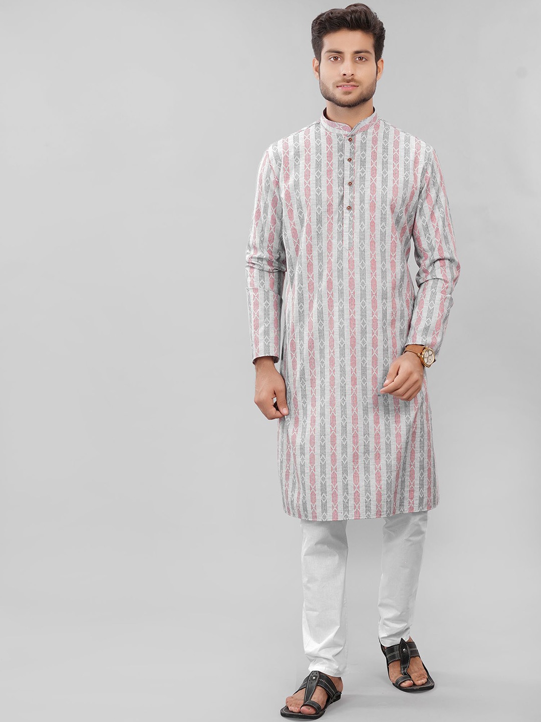 

LA'SCOOT Men Striped Regular Pure Cotton Kurta with Pyjamas, Grey