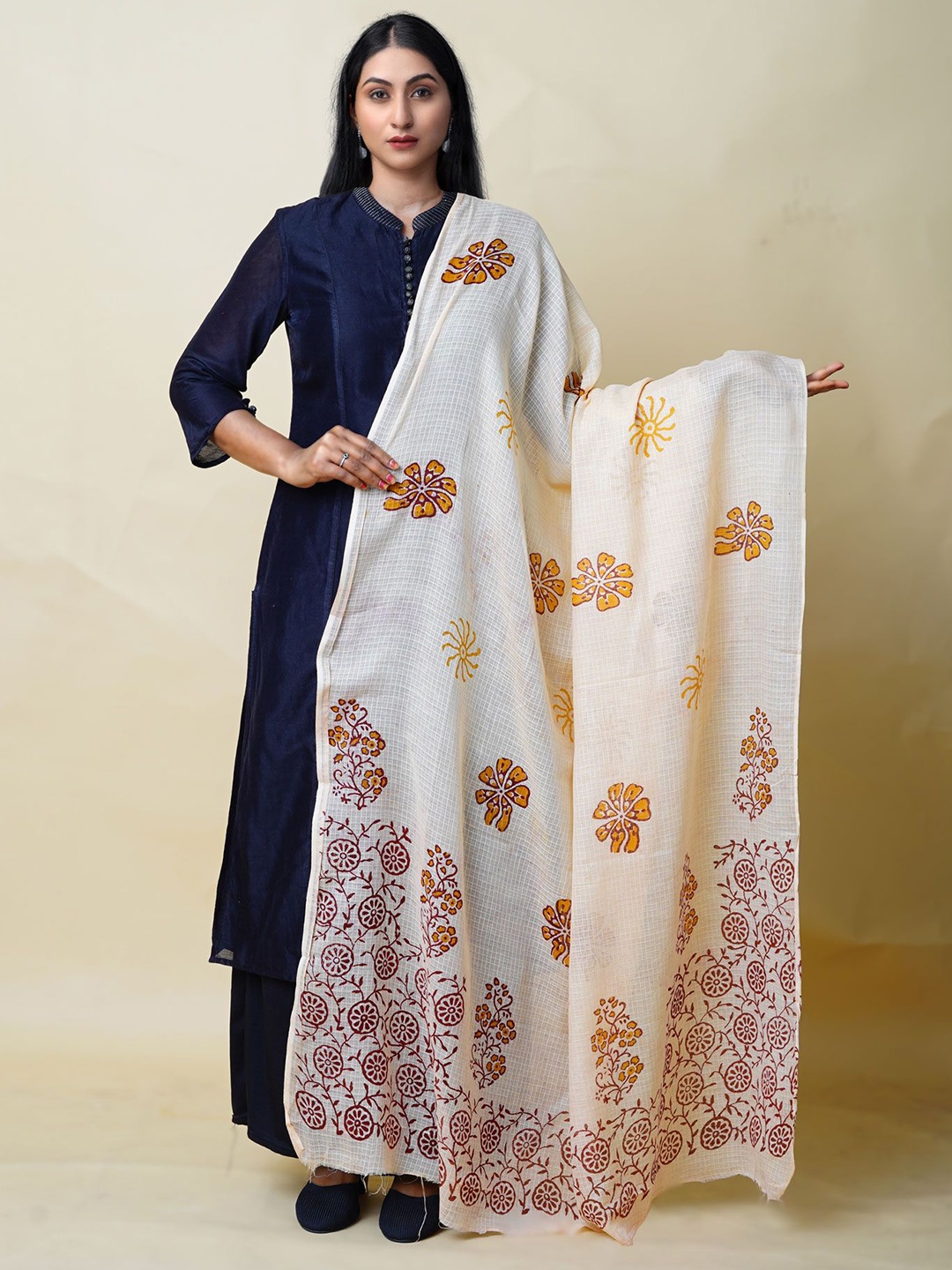 

Unnati Silks Floral Cotton Silk Block Printed Kota Dupatta, Cream