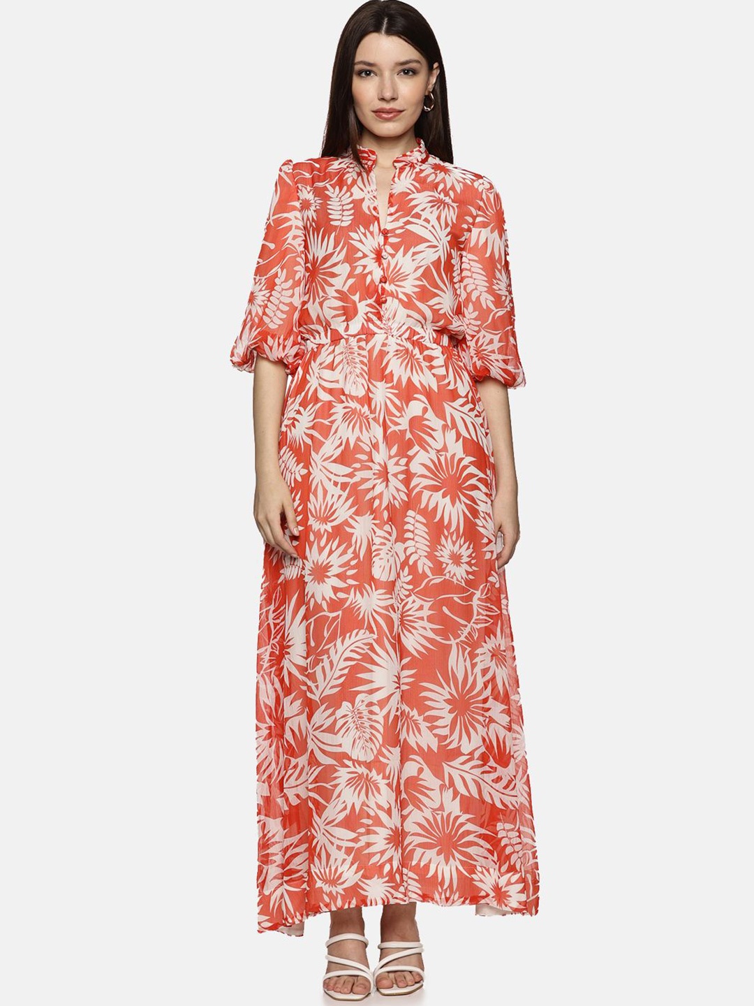 

ISU Floral Printed Puff Sleeve Chiffon Maxi Dress, Red