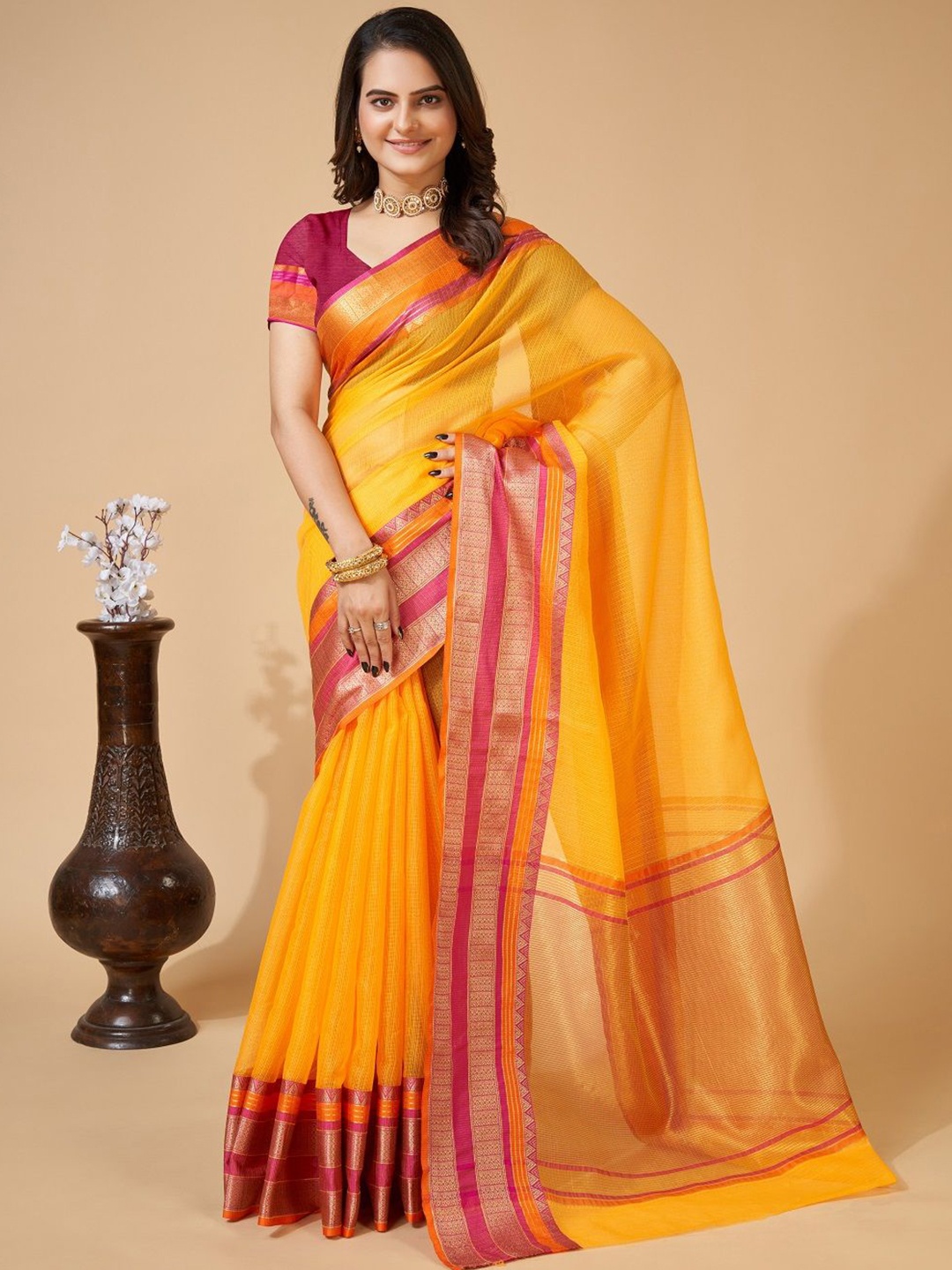 

LEOSAGI Zari Silk Cotton Kota Saree, Yellow