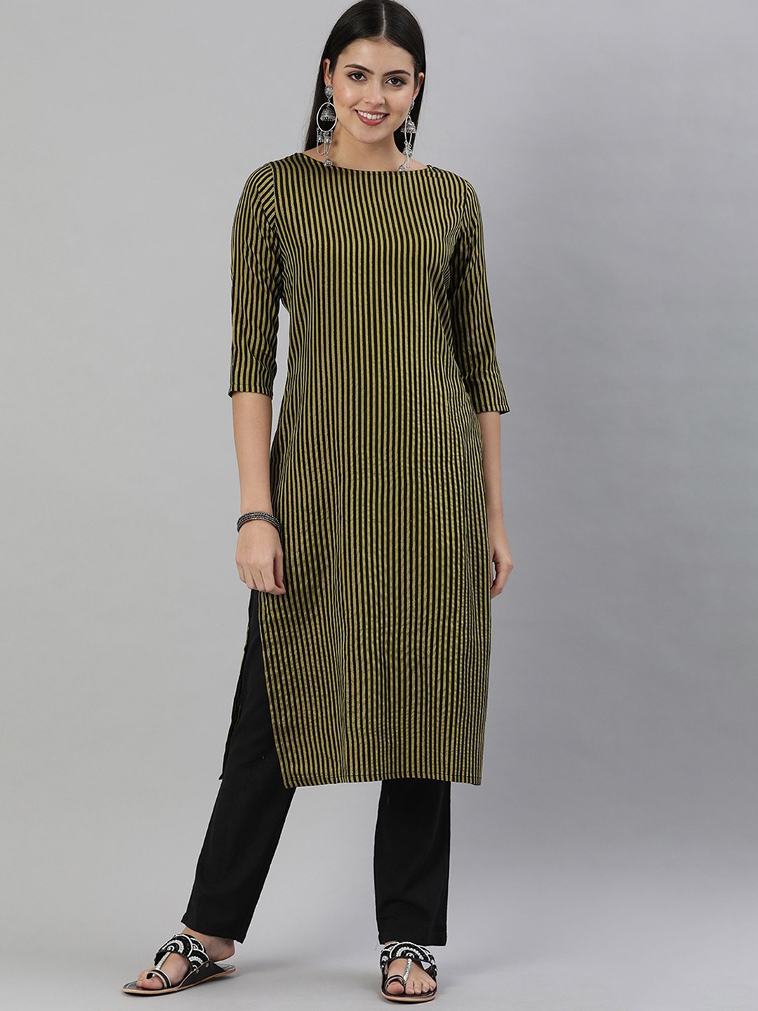 

Shaily Green Striped Boat Neck Straight Kurta