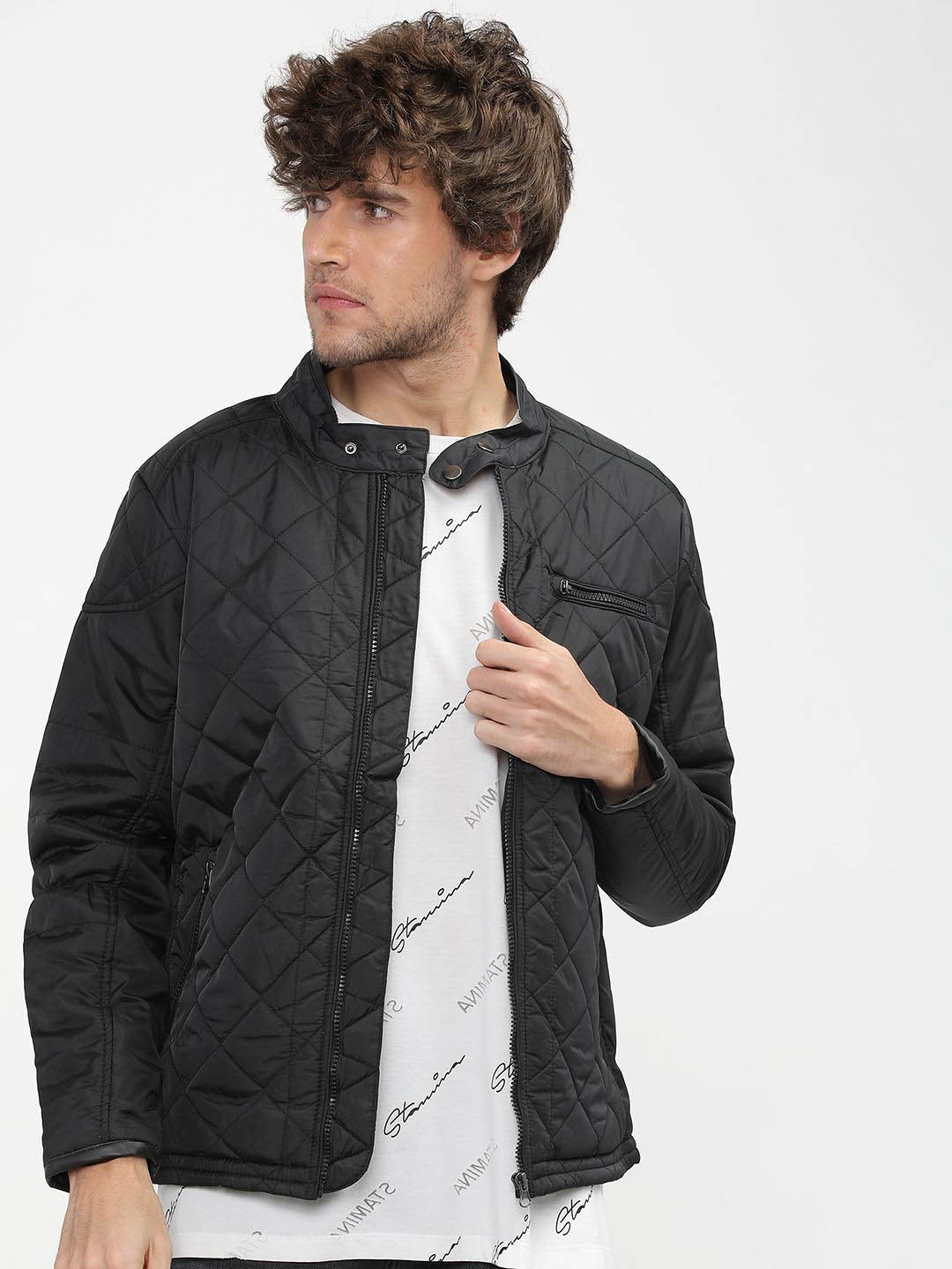 

HIGHLANDER Men Camouflage Colourblocked Longline Quilted Jacket, Navy blue