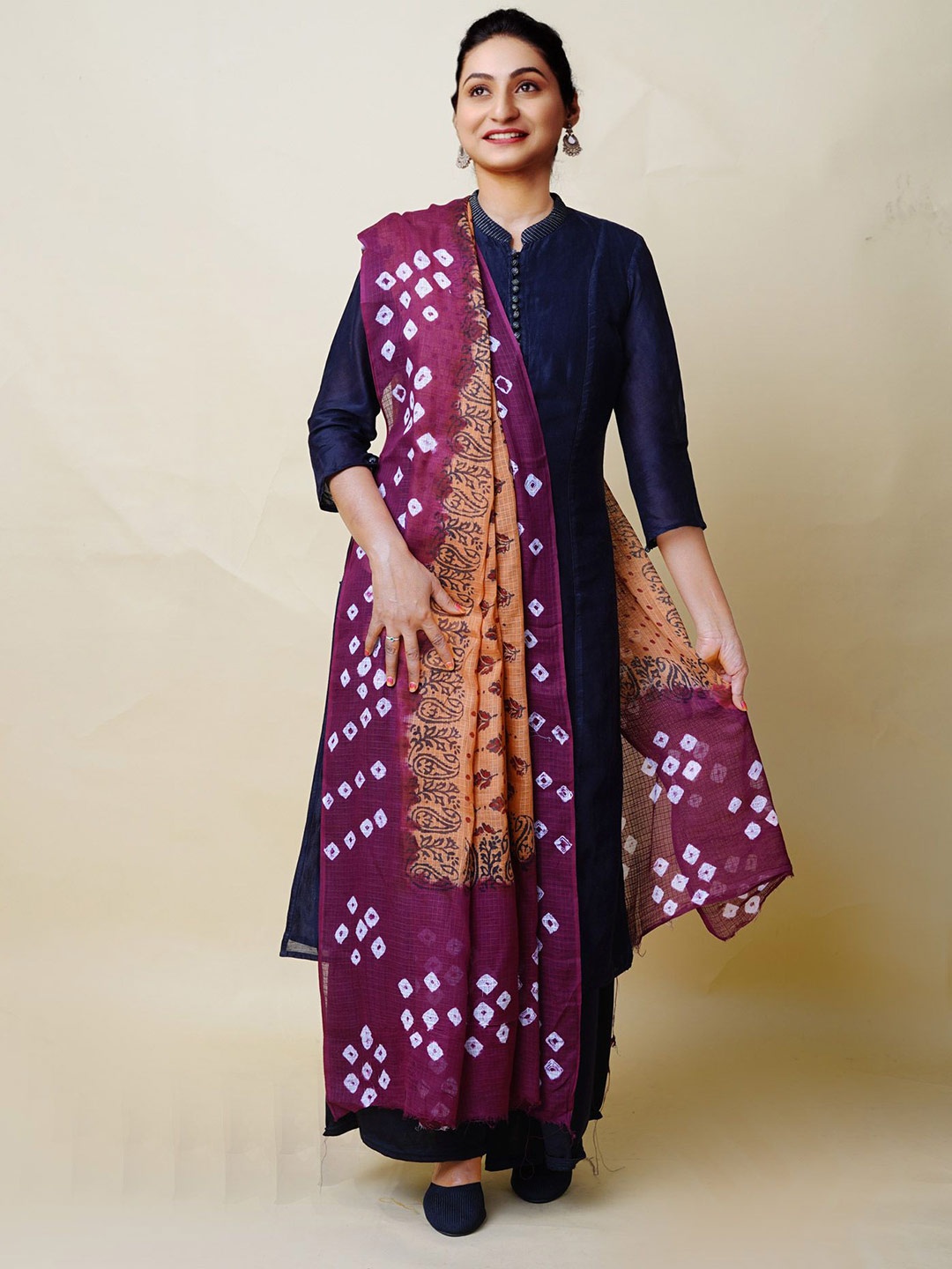 

Unnati Silks Ethnic Motifs Dyed Cotton Silk Bandhani Block Printed Kota Dupatta, Brown