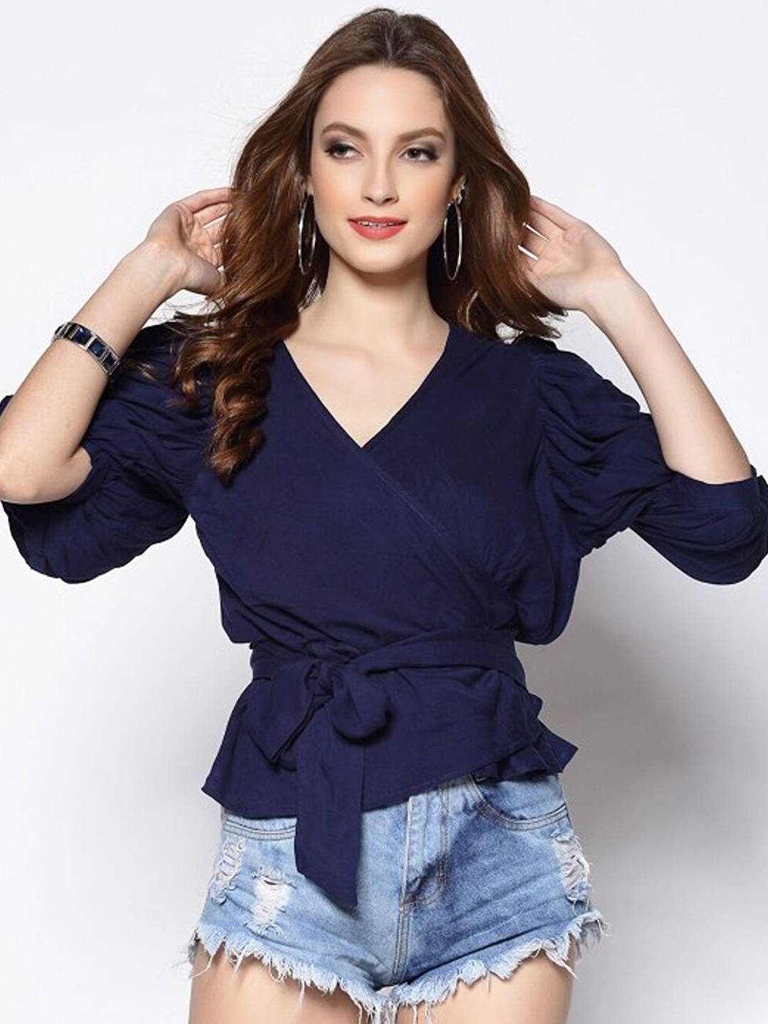 

Sera Women Solid Wrap V-Neck Top, Navy blue