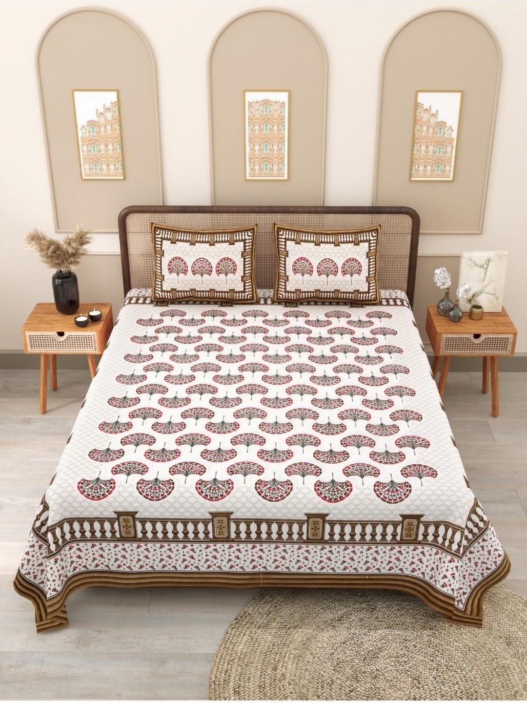 

Block Print Story White & Brown Floral 210 TC Queen Bedsheet with 2 Pillow Covers