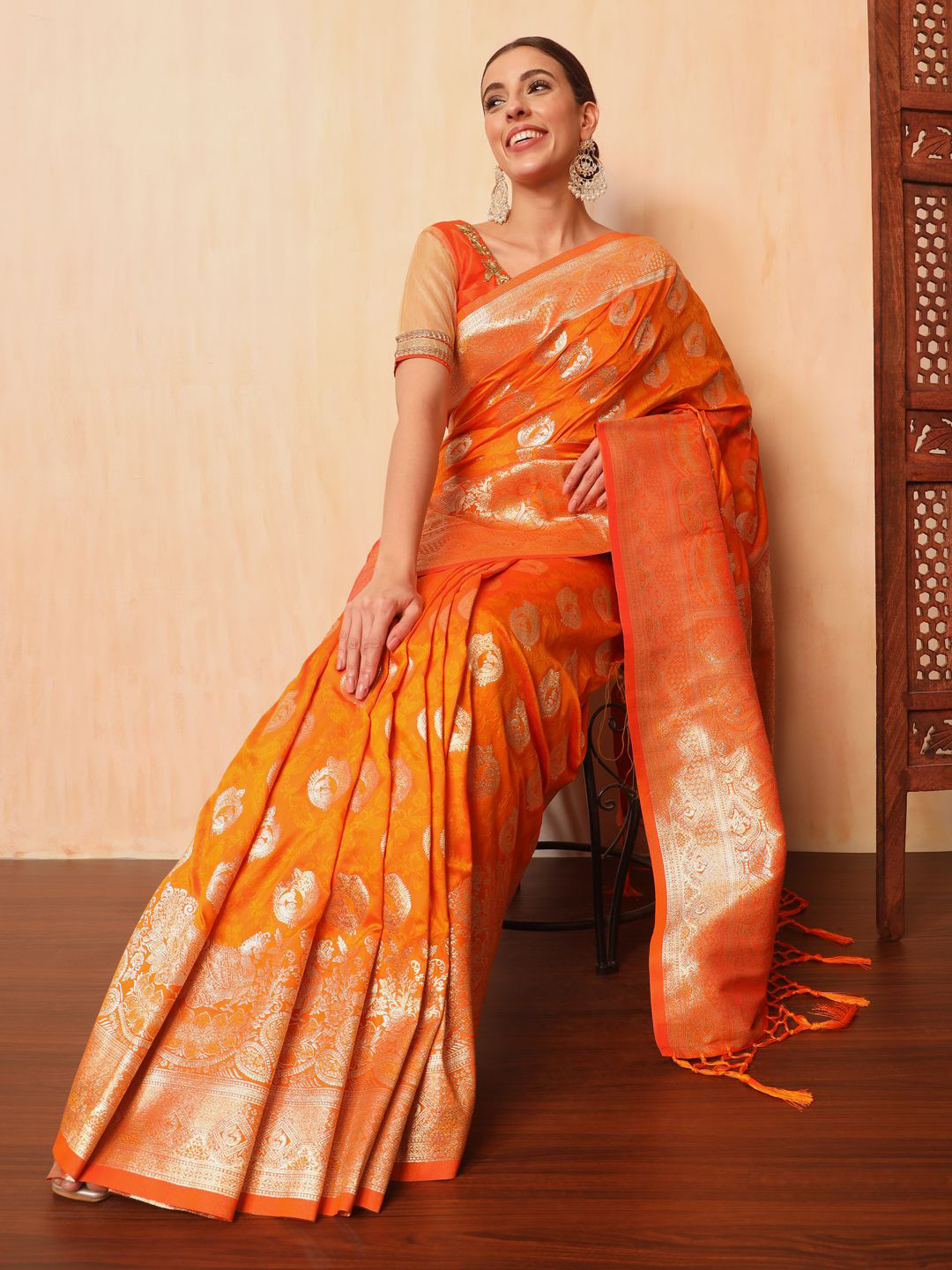 

Chhabra 555 Women Ethnic Motifs Zari Sarees With Blouse Piece, Orange