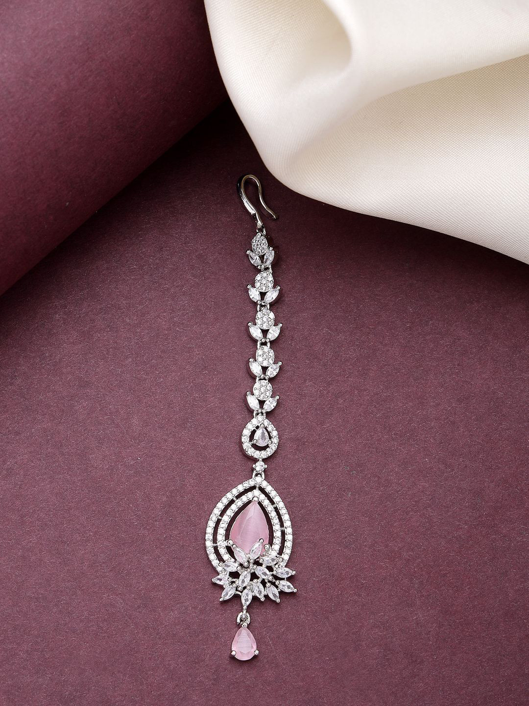 

ZENEME Rhodium-Plated American Diamond & Tear Drop Crystal Studded Maang Tikka, Silver