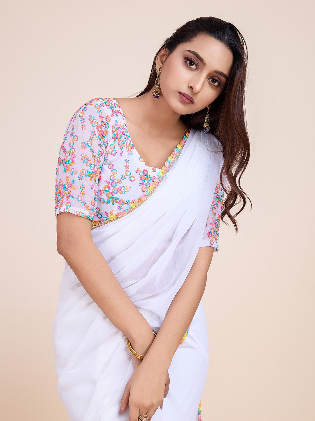 

COSBILA FASHION Solid Embroidered Poly Georgette Saree, White