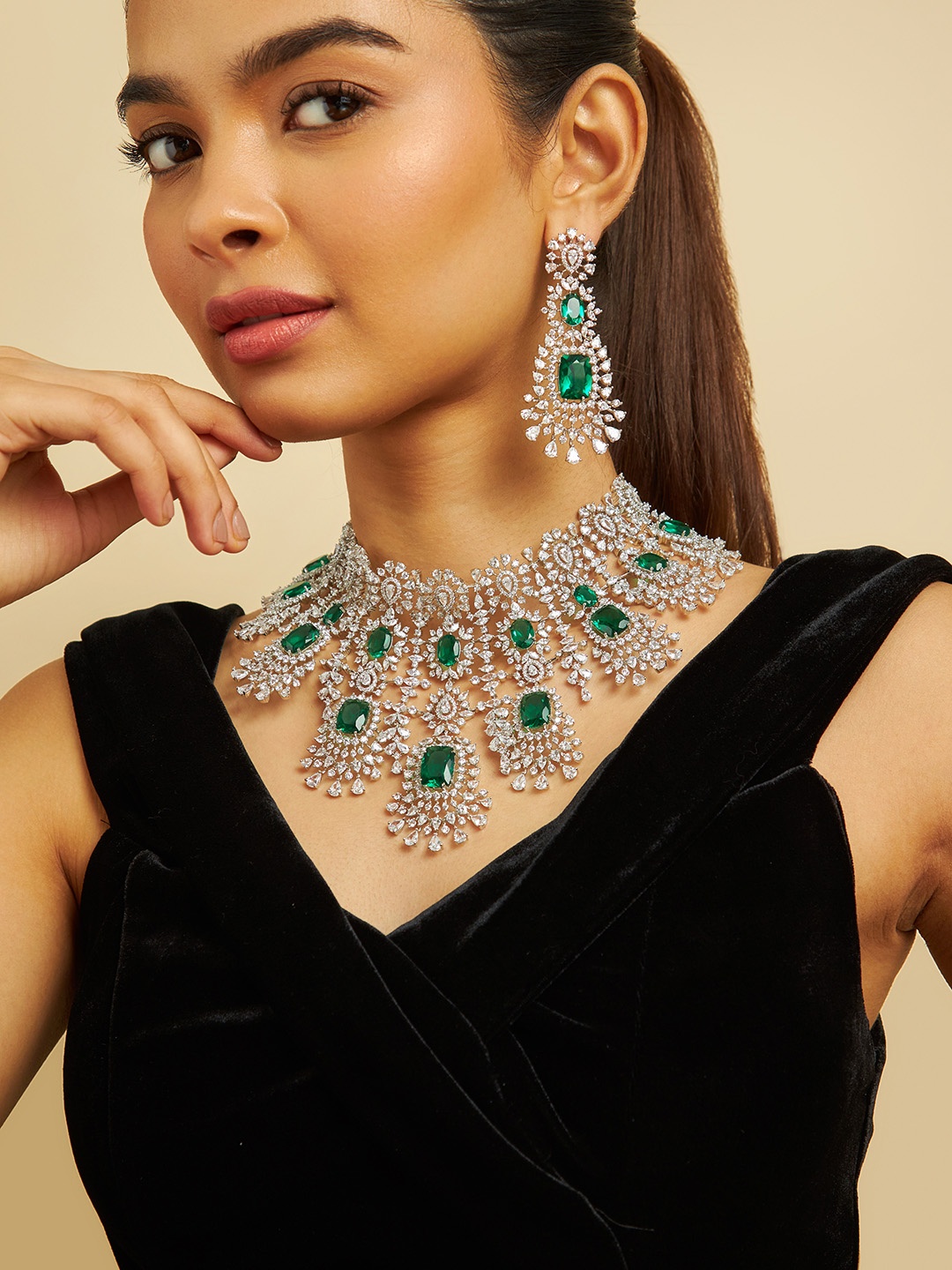 

Kushal's Fashion Jewellery Rhodium Plated CZ Studded Jewellery Set, Silver